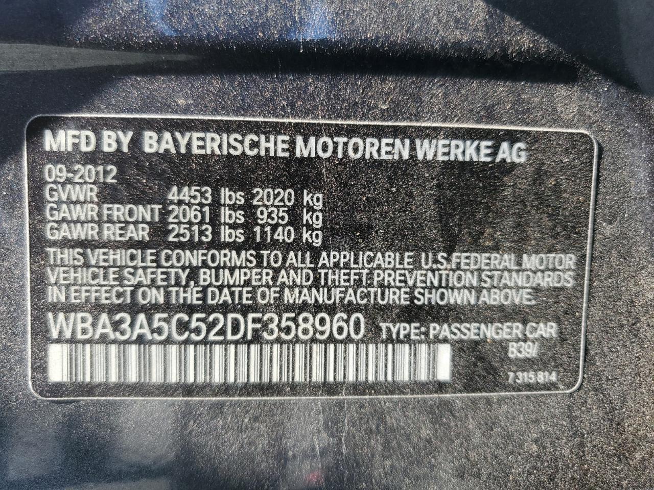 2013 BMW 3er VIN WBA3A5C52DF358960 Copart auction photo, front end damage thumbnail 13