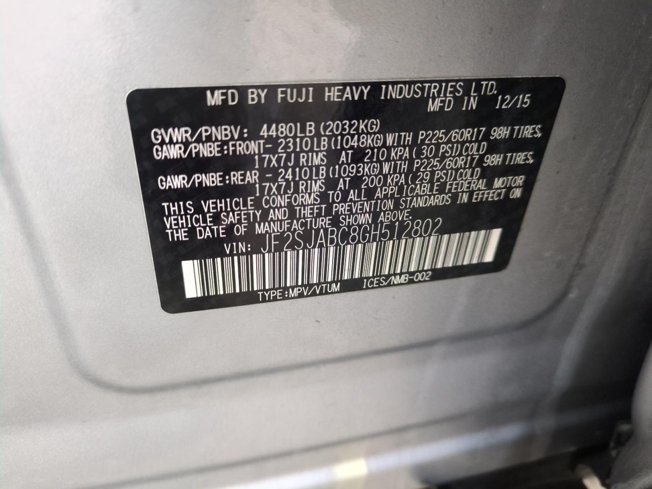 2016 Subaru Forester VIN JF2SJABC8GH512802 Copart auction photo, front end damage thumbnail 14
