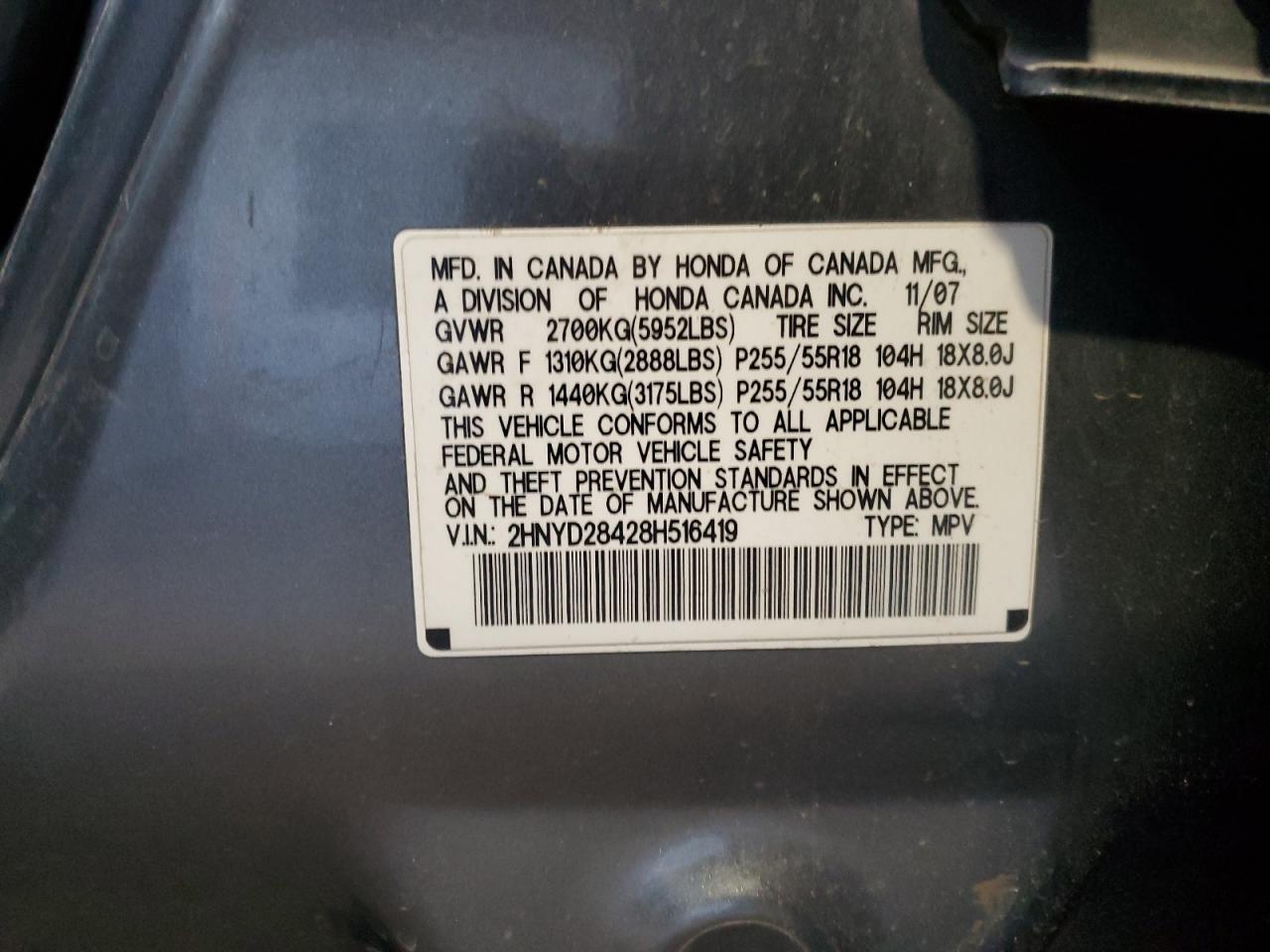 2008 Acura MDX VIN 2HNYD28428H516419 Copart auction photo, side / front end damage thumbnail 12