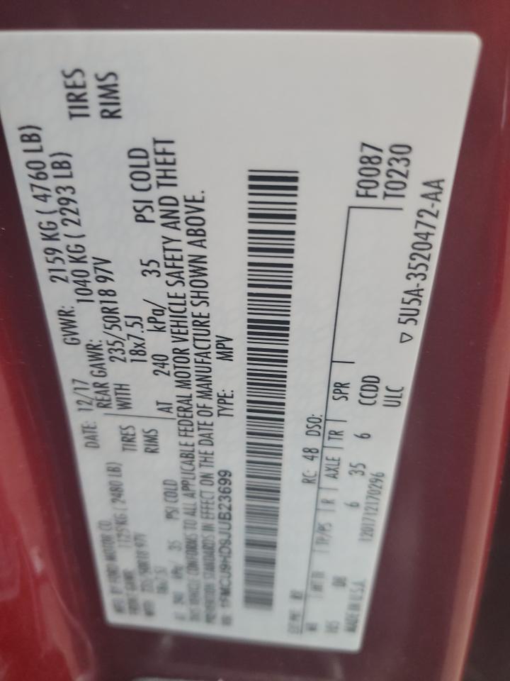 2018 Ford Escape VIN 1FMCU9HD9JUB23699 Copart auction photo, rear end damage thumbnail 14
