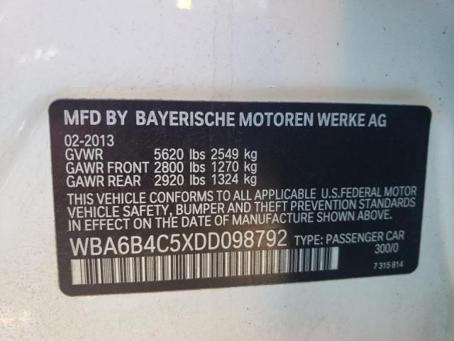 2013 BMW 6er VIN WBA6B4C5XDD098792 Copart auction photo, vandalism / top/roof damage thumbnail 12