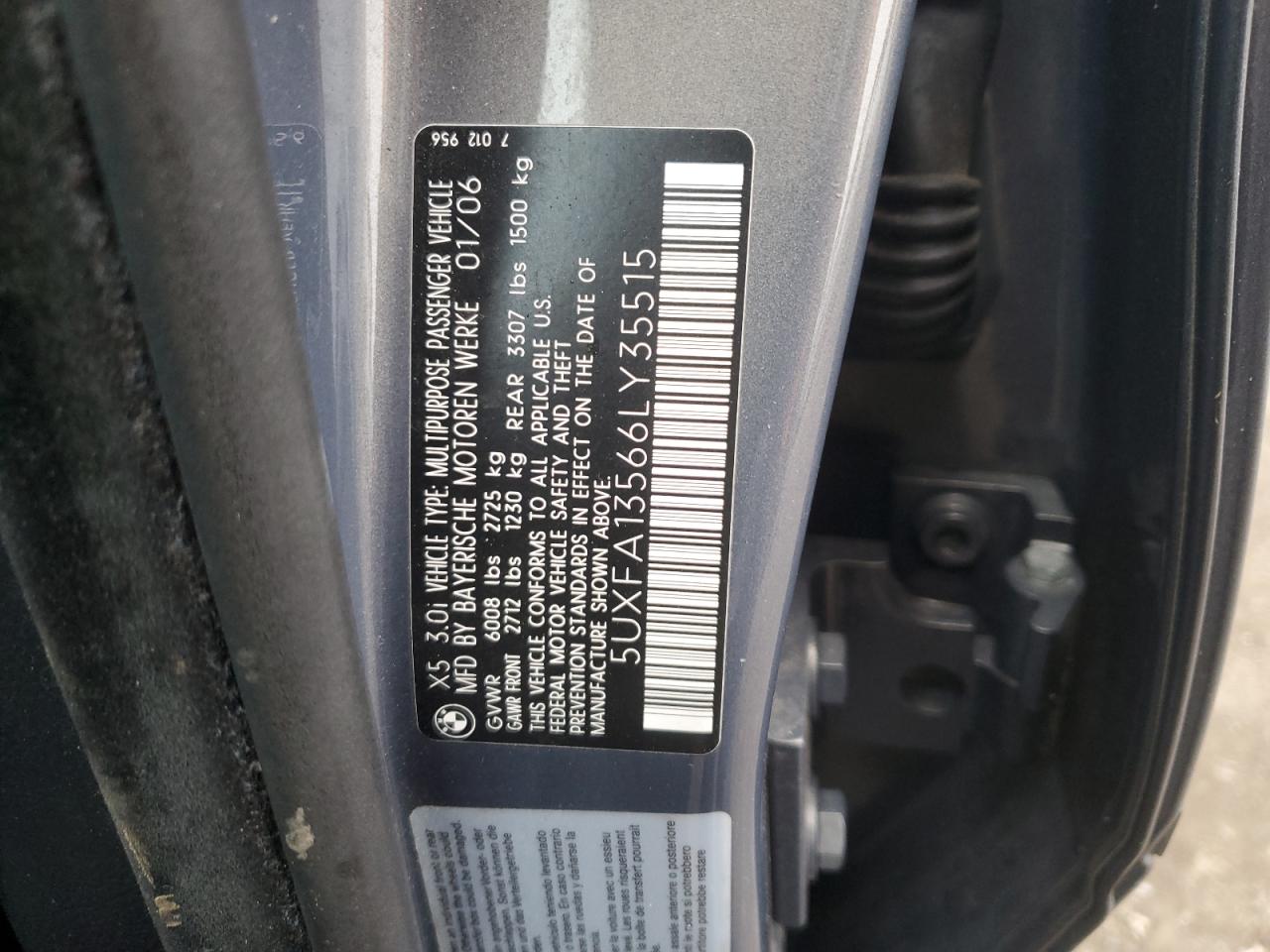 2006 BMW X5 VIN 5UXFA13566LY35515 Copart auction photo, front end / minor dent/scratches damage thumbnail 15