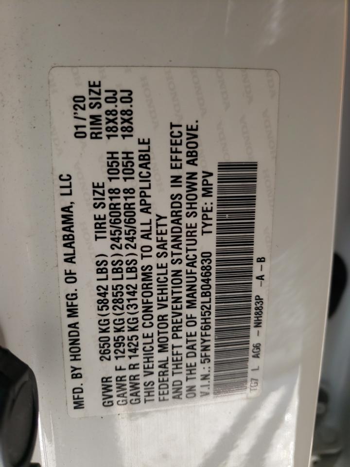 2020 Honda Pilot VIN 5FNYF6H52LB046830 Copart auction photo, side / rear end damage thumbnail 13