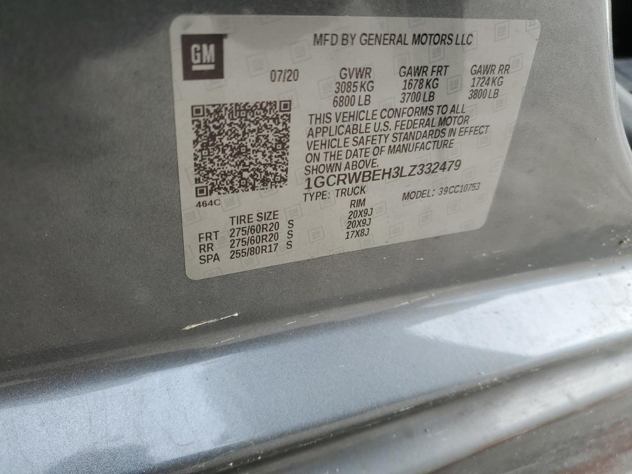 2020 Chevrolet Silverado VIN 1GCRWBEH3LZ332479 Copart auction photo, side damage thumbnail 14