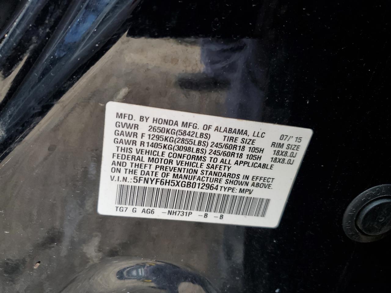 2016 Honda Pilot VIN 5FNYF6H5XGB012964 Copart auction photo, all over / undercarriage damage thumbnail 15