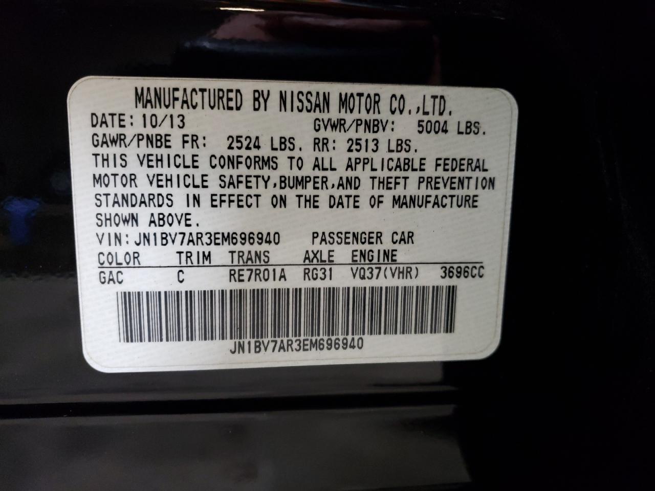 2014 Infiniti Q50 VIN JN1BV7AR3EM696940 Copart auction photo, rear end / minor dent/scratches damage thumbnail 13