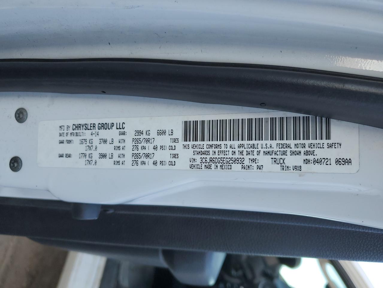 2014 RAM 1500 VIN 3C6JR6DG5EG250932 Copart auction photo, side / hail damage thumbnail 12