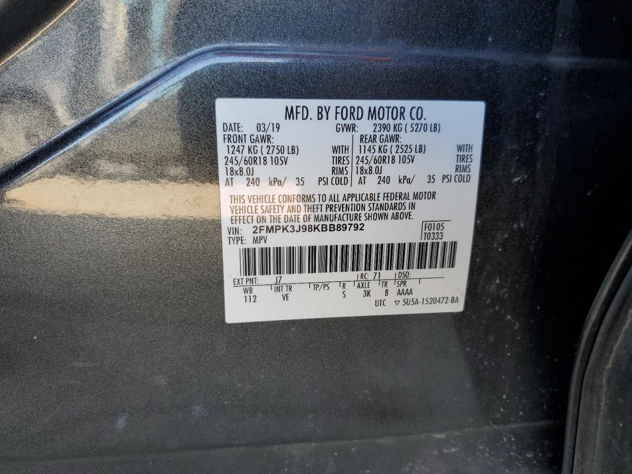 2019 Ford Edge VIN 2FMPK3J98KBB89792 Copart auction photo, front end damage thumbnail 16