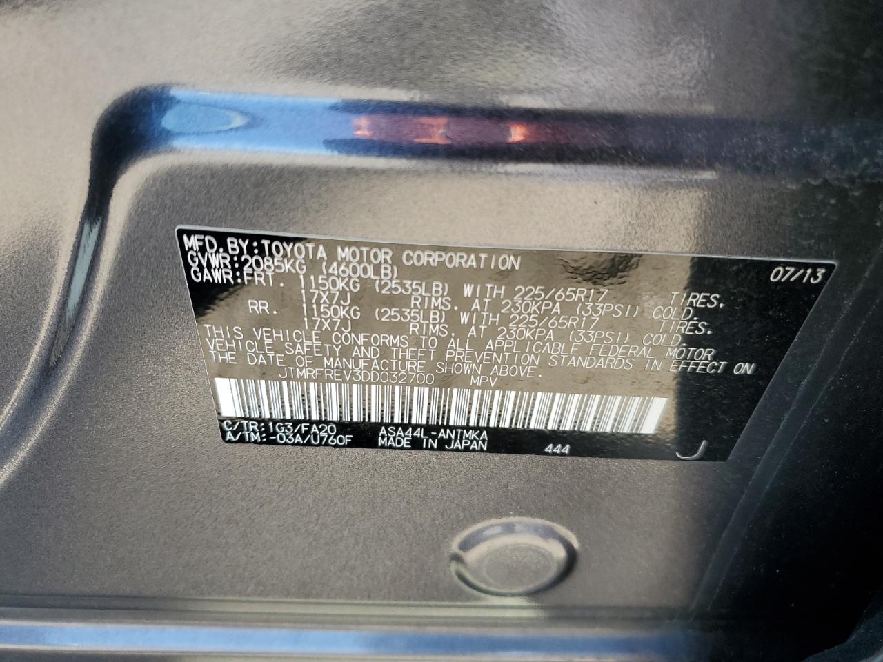 2013 Toyota RAV 4 VIN JTMRFREV3DD032700 Copart auction photo, rear end damage thumbnail 14