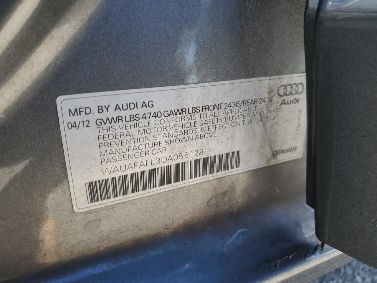 2013 Audi A4 VIN WAUAFAFL3DA055128 Copart auction photo, rear end damage thumbnail 14