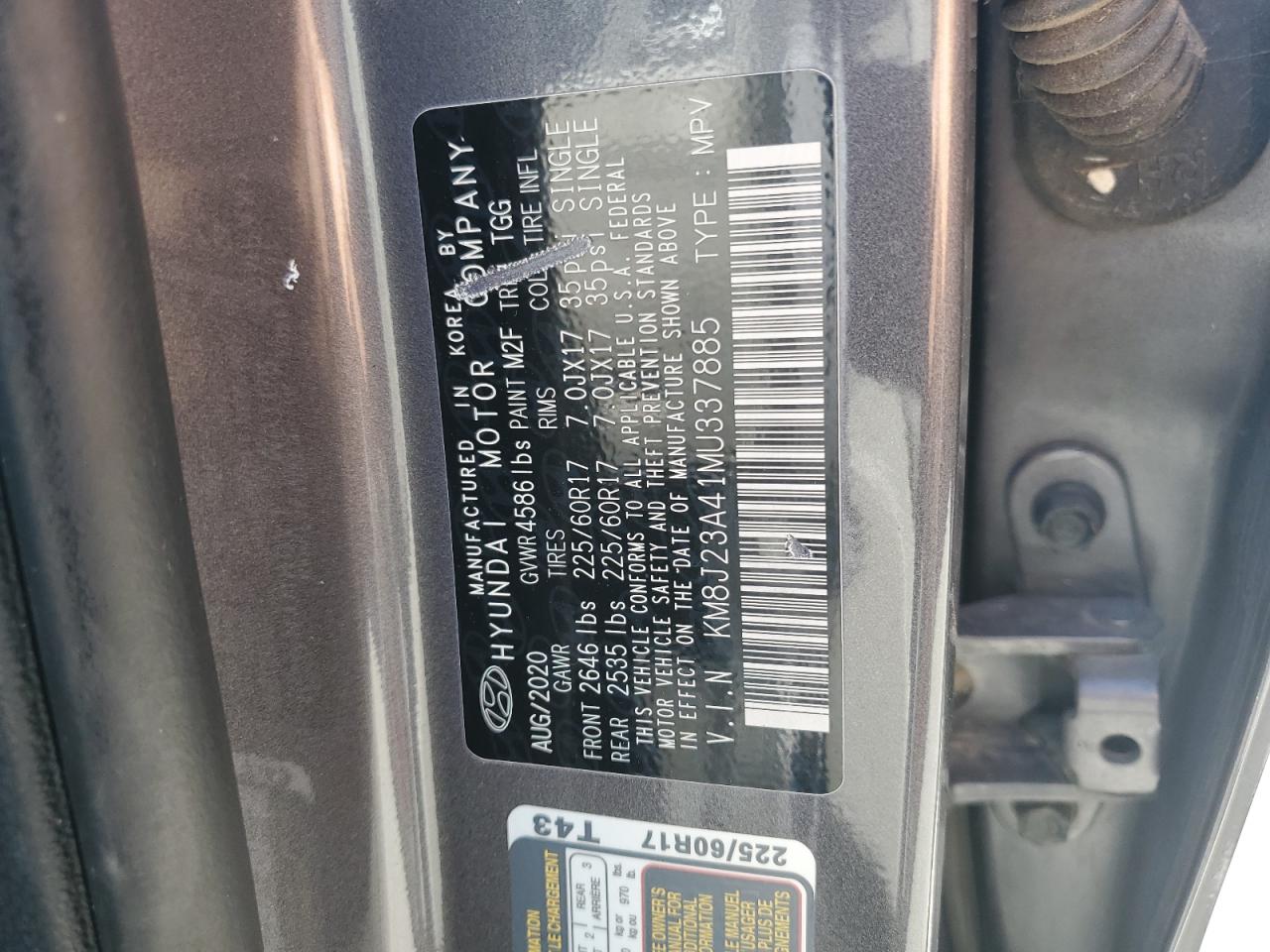 2021 Hyundai Tucson VIN KM8J23A41MU337885 Copart auction photo, front end / side damage thumbnail 16