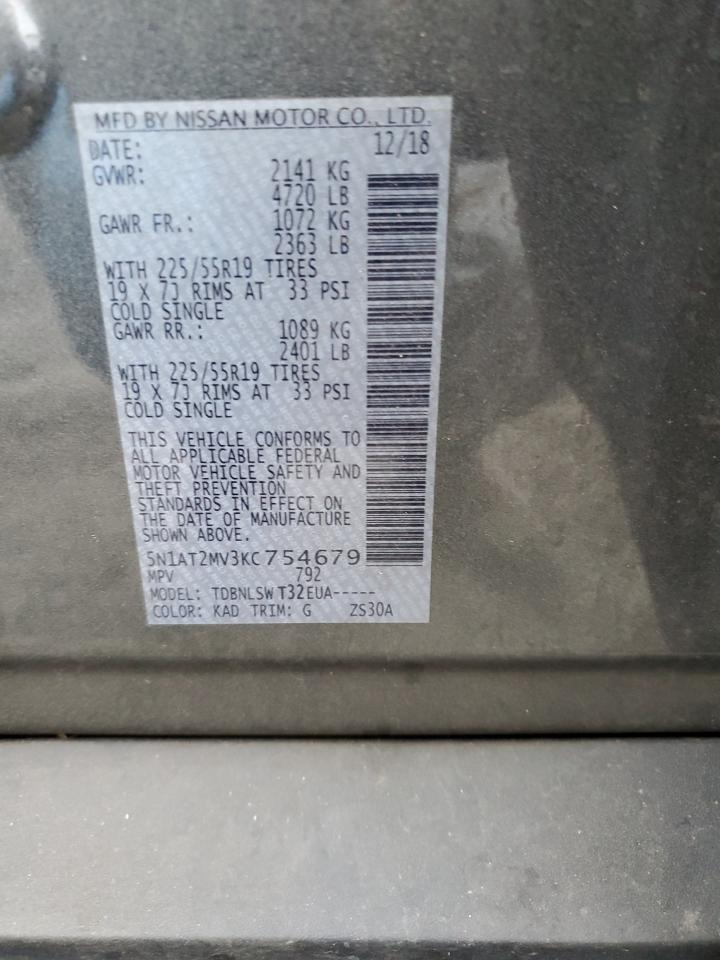 2019 Nissan Rogue VIN 5N1AT2MV3KC754679 Copart auction photo, rear end / minor dent/scratches damage thumbnail 13