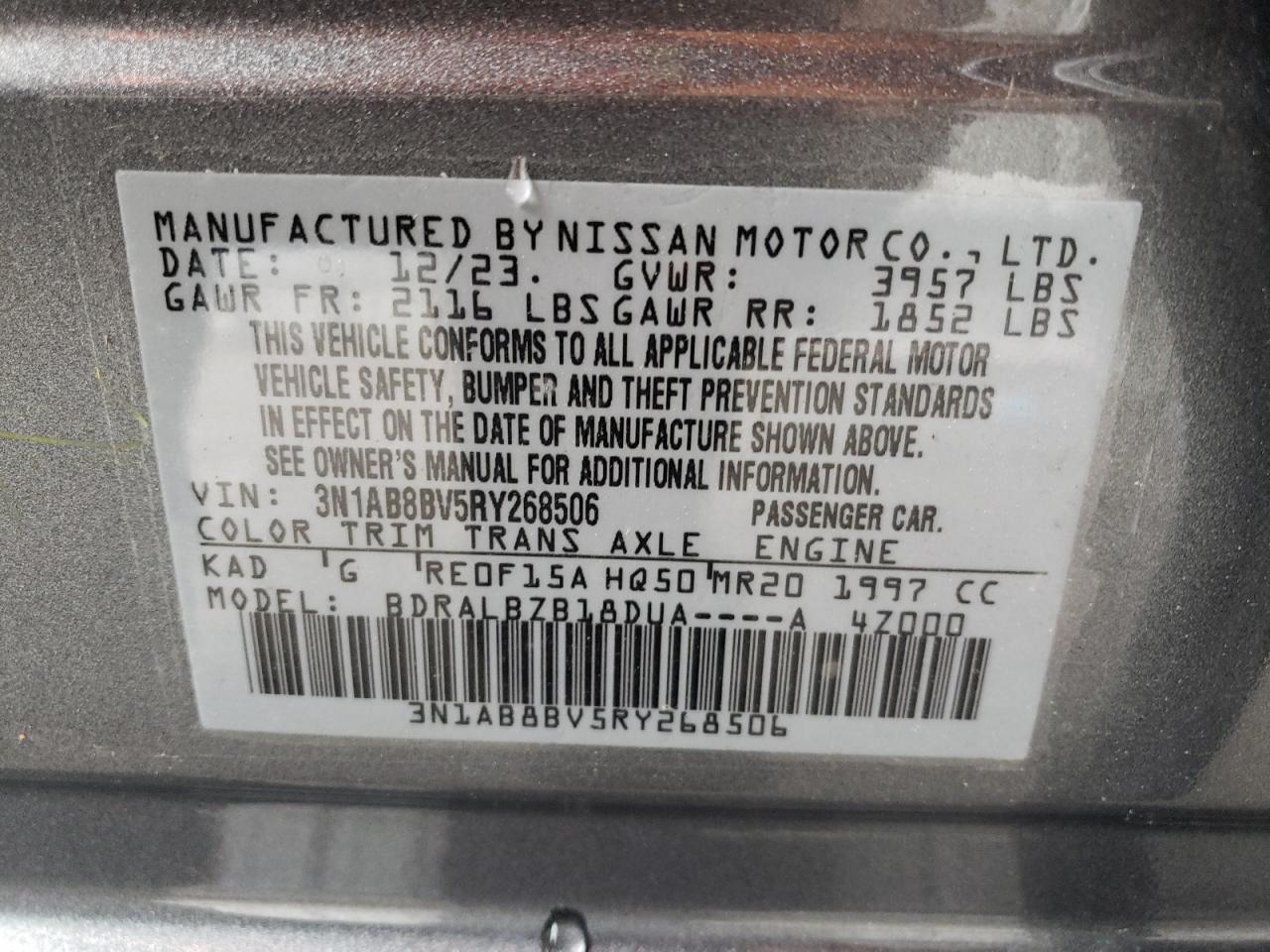 2024 Nissan Sentra VIN 3N1AB8BV5RY268506 Copart auction photo, front end / rear end damage thumbnail 12