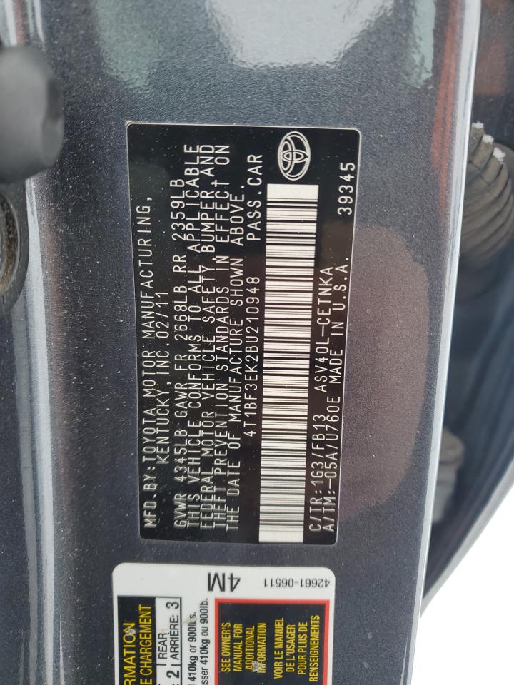 2011 Toyota Camry VIN 4T1BF3EK2BU210948 Copart auction photo, rear end damage thumbnail 12