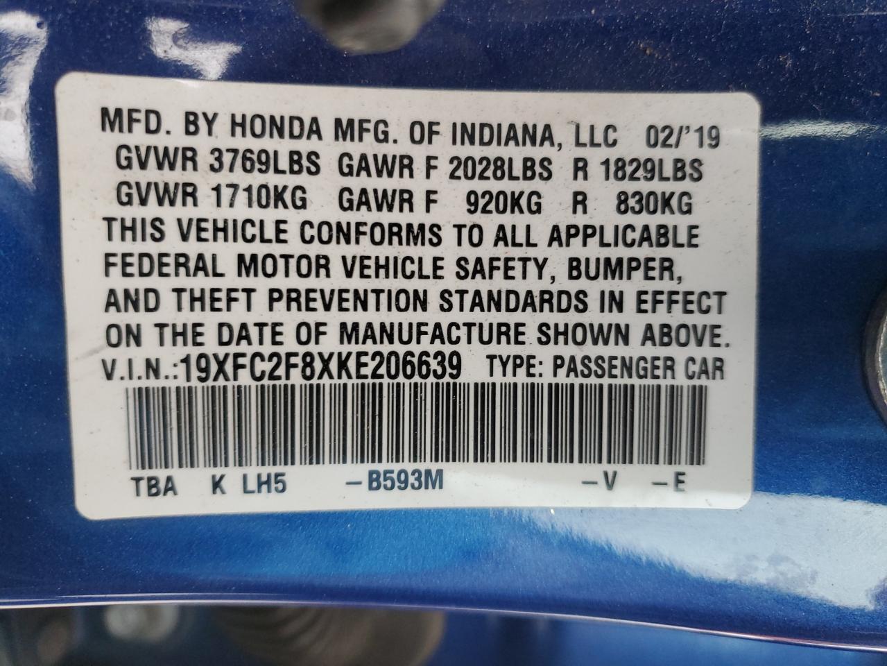 2019 Honda Civic VIN 19XFC2F8XKE206639 Copart auction photo, all over damage thumbnail 12