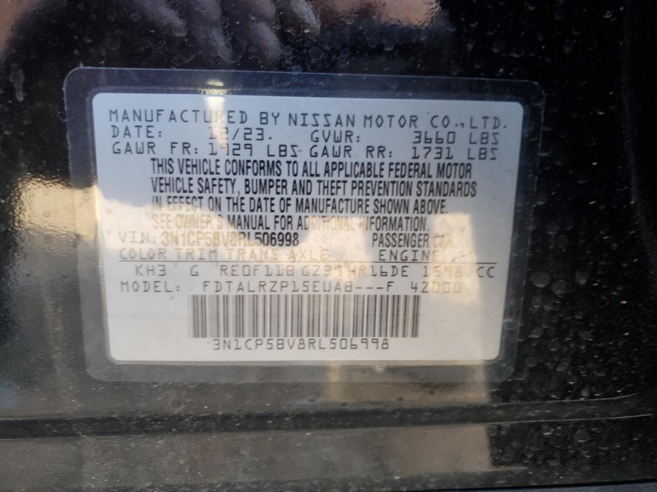 2024 Nissan Kicks VIN 3N1CP5BV8RL506998 Copart auction photo, front end / side damage thumbnail 15