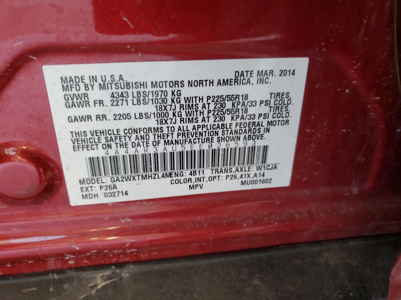 2014 Mitsubishi Outlander VIN 4A4AR3AU5EE026593 Copart auction photo, front end / minor dent/scratches damage thumbnail 15