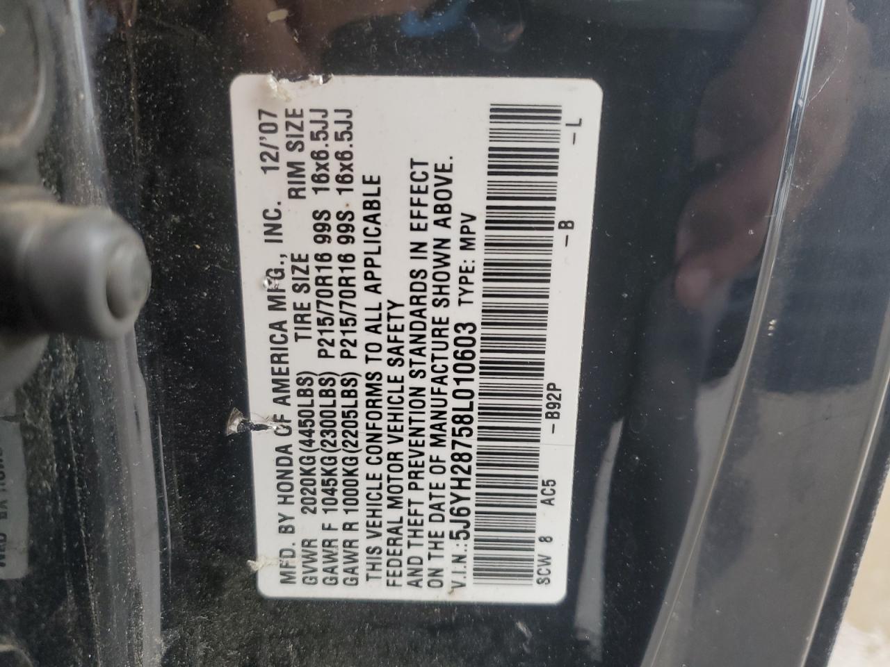 2008 Honda Element VIN 5J6YH28758L010603 Copart auction photo, front end / mechanical damage thumbnail 12