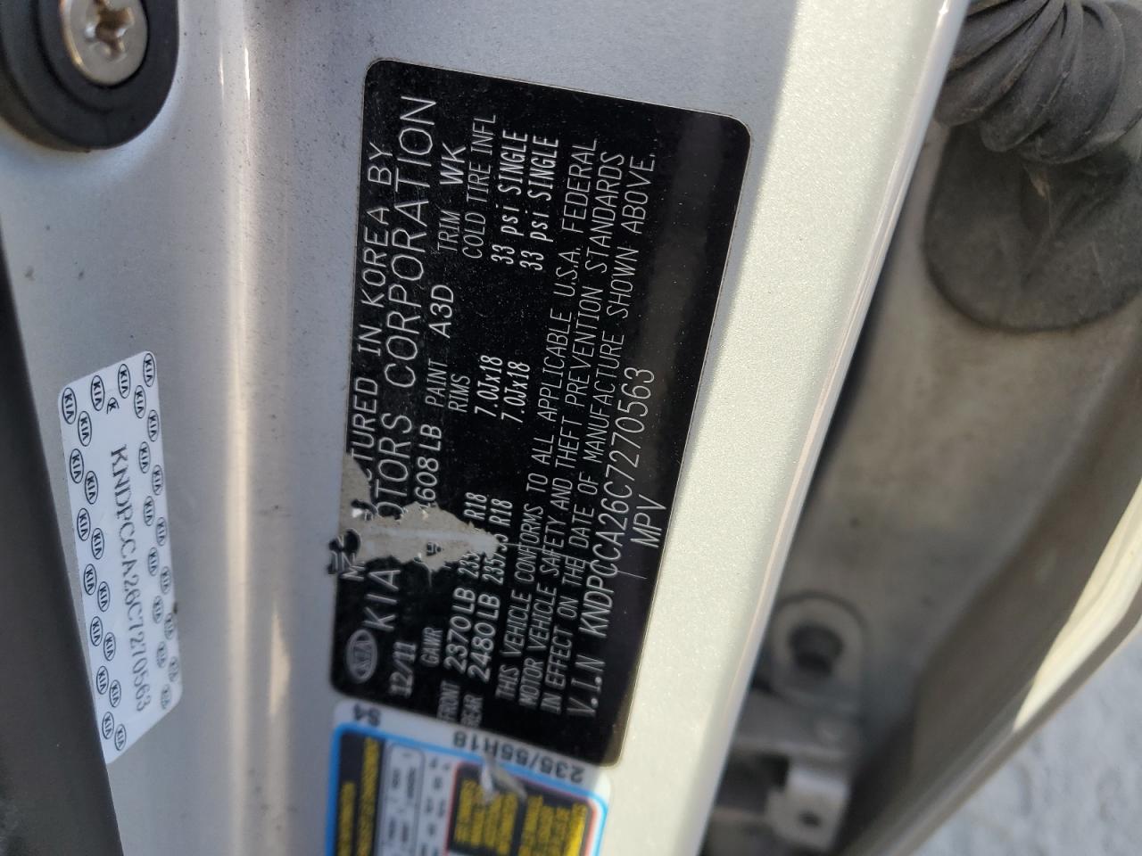 2012 KIA Sportage VIN KNDPCCA26C7270563 Copart auction photo, top/roof damage thumbnail 13