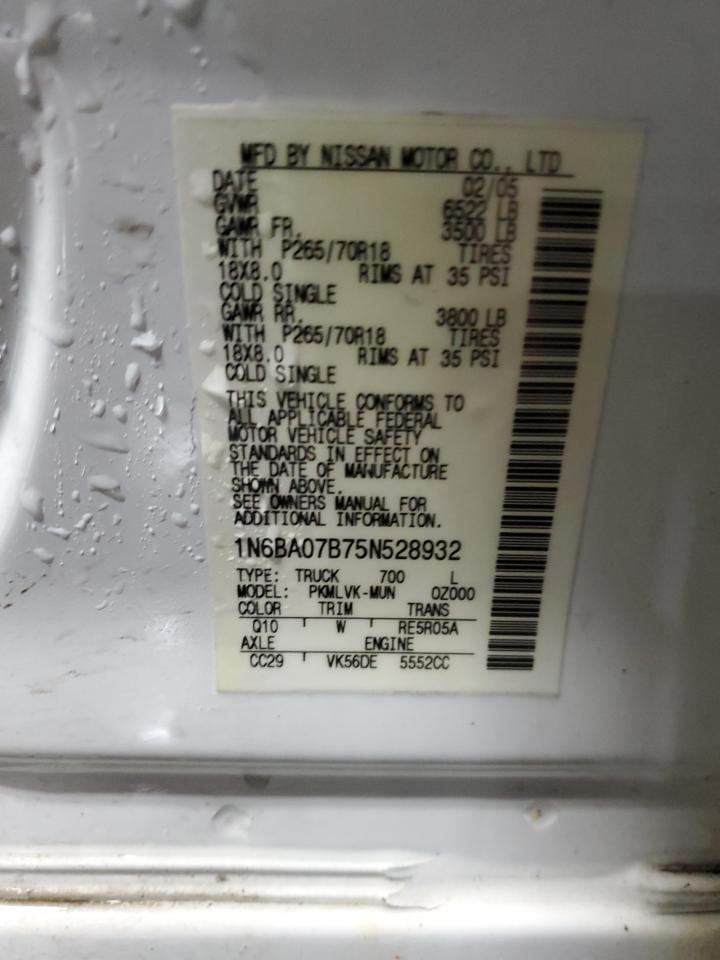 2005 Nissan Titan VIN 1N6BA07B75N528932 Copart auction photo, front end / rear end damage thumbnail 12