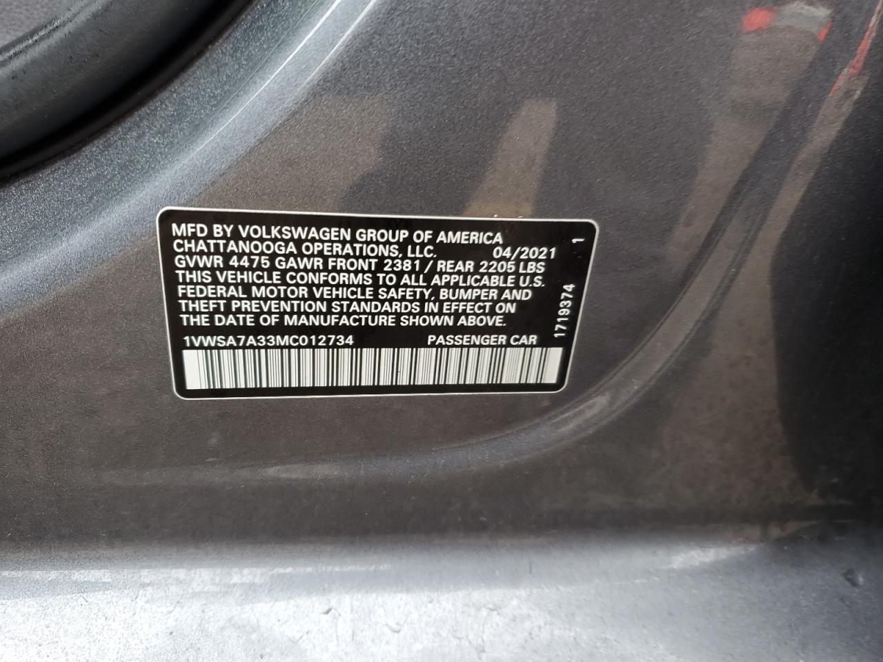 2021 Volkswagen Passat VIN 1VWSA7A33MC012734 Copart auction photo, rear end damage thumbnail 12