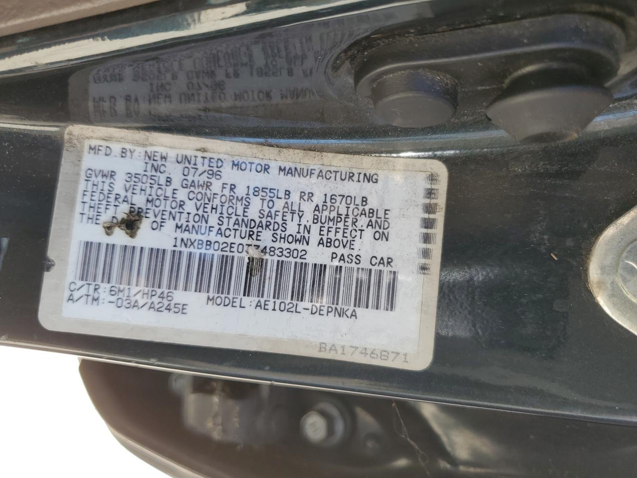1996 Toyota Corolla VIN 1NXBB02E0TZ483302 Copart auction photo, front end damage thumbnail 12