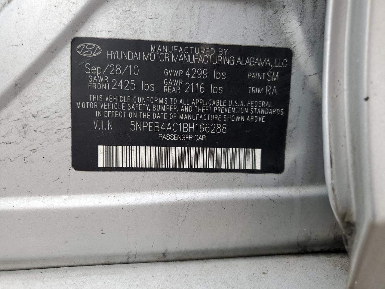 2011 Hyundai Sonata VIN 5NPEB4AC1BH166288 Copart auction photo, vandalism damage thumbnail 12