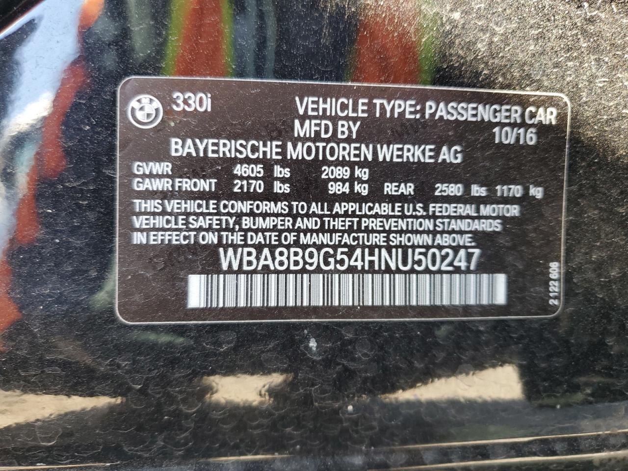 2017 BMW 3er VIN WBA8B9G54HNU50247 Copart auction photo, rear end damage thumbnail 12