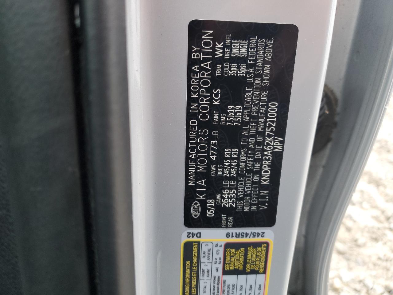 2019 KIA Sportage VIN KNDPR3A62K7521000 Copart auction photo, rear end / undercarriage damage thumbnail 14