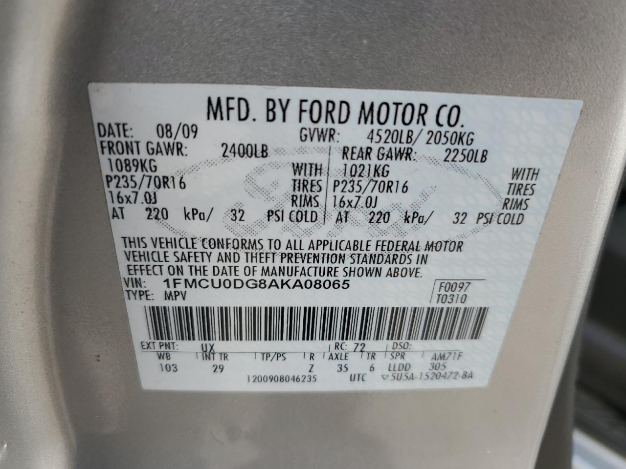 2010 Ford Escape VIN 1FMCU0DG8AKA08065 Copart auction photo, side / side damage thumbnail 13