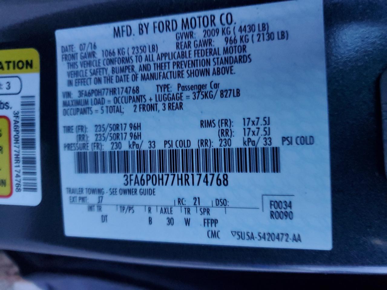 2017 Ford Fusion VIN 3FA6P0H77HR174768 Copart auction photo, front end / rear end damage thumbnail 15