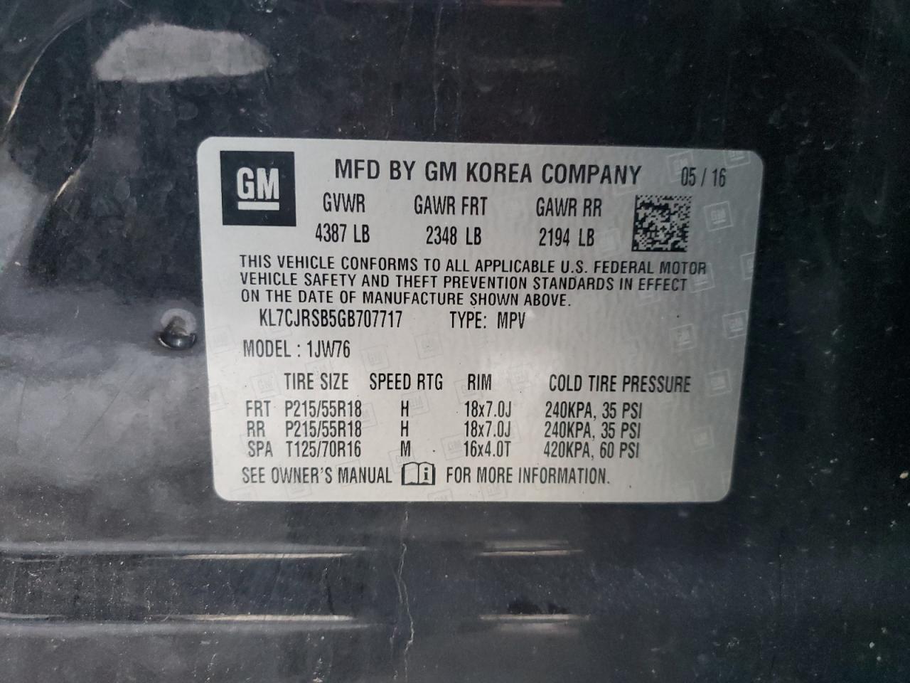 2016 Chevrolet Trax VIN KL7CJRSB5GB707717 Copart auction photo, mechanical damage thumbnail 13