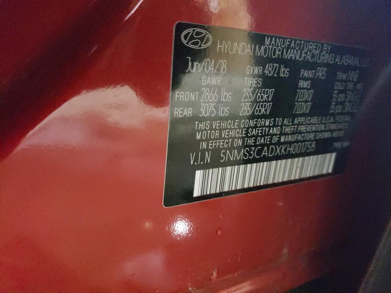 2019 Hyundai Santa Fe VIN 5NMS3CADXKH001758 Copart auction photo, front end / minor dent/scratches damage thumbnail 16