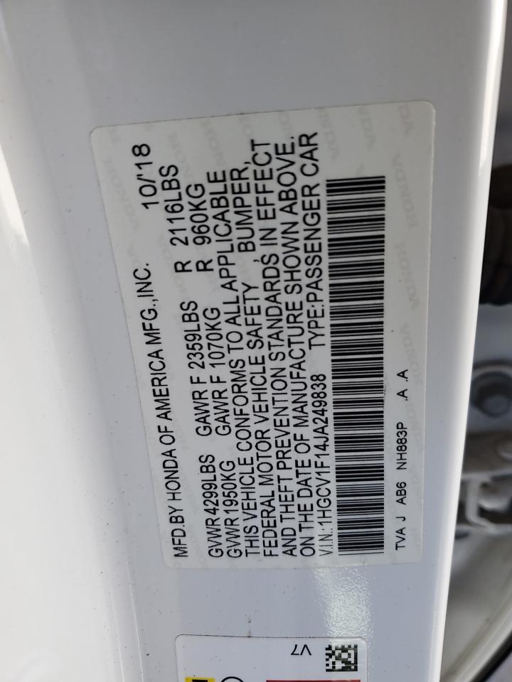 2018 Honda Accord VIN 1HGCV1F14JA249838 Copart auction photo, rear end damage thumbnail 12