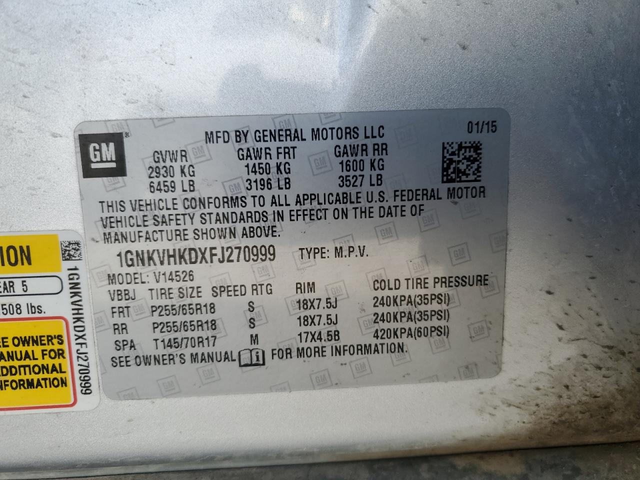2015 Chevrolet Traverse VIN 1GNKVHKDXFJ270999 Copart auction photo, front end damage thumbnail 13