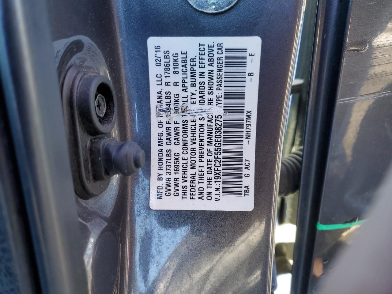 2016 Honda Civic VIN 19XFC2F55GE038275 Copart auction photo, front end damage thumbnail 12