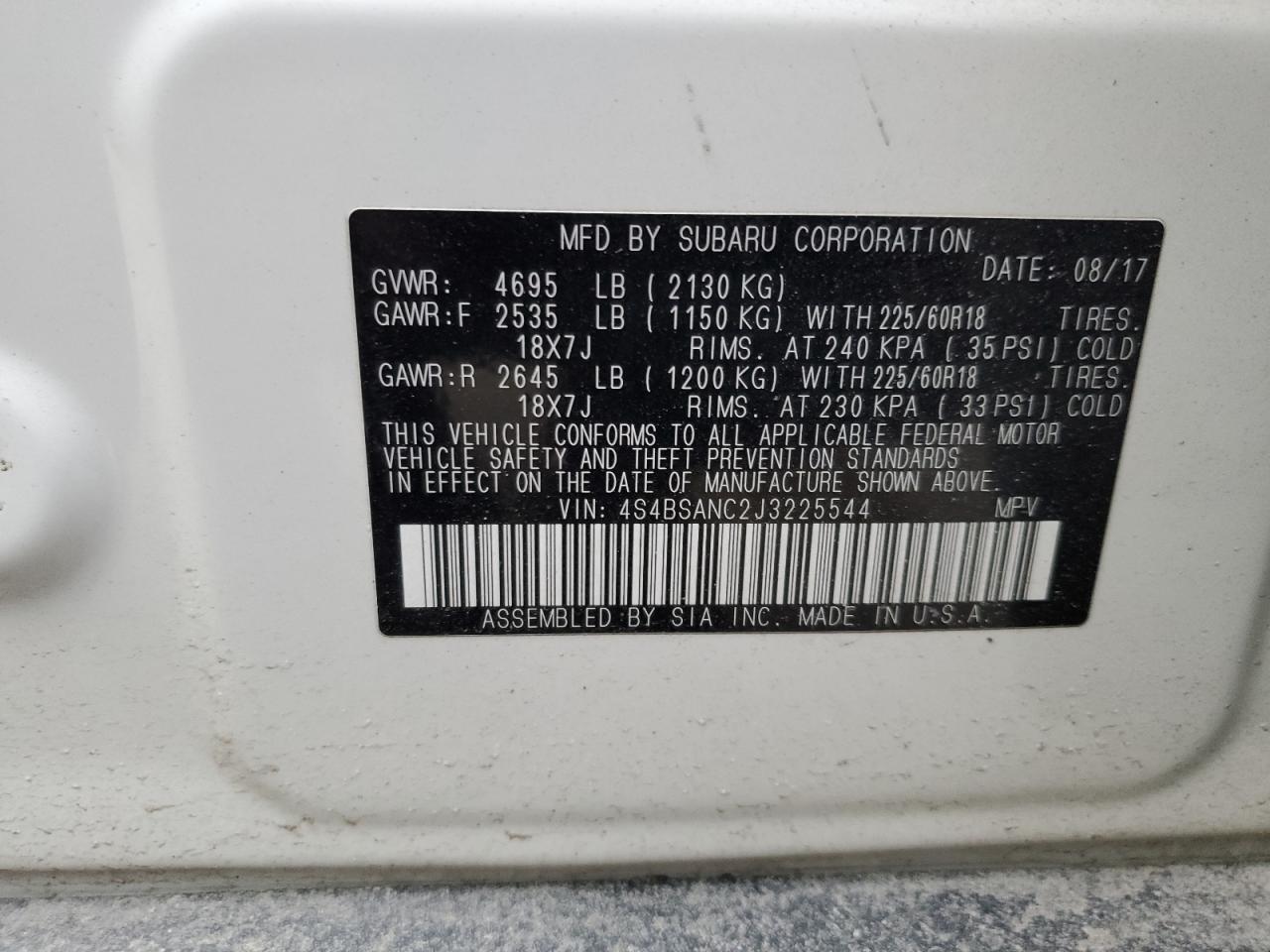 2018 Subaru Outback VIN 4S4BSANC2J3225544 Copart auction photo, front end damage thumbnail 14