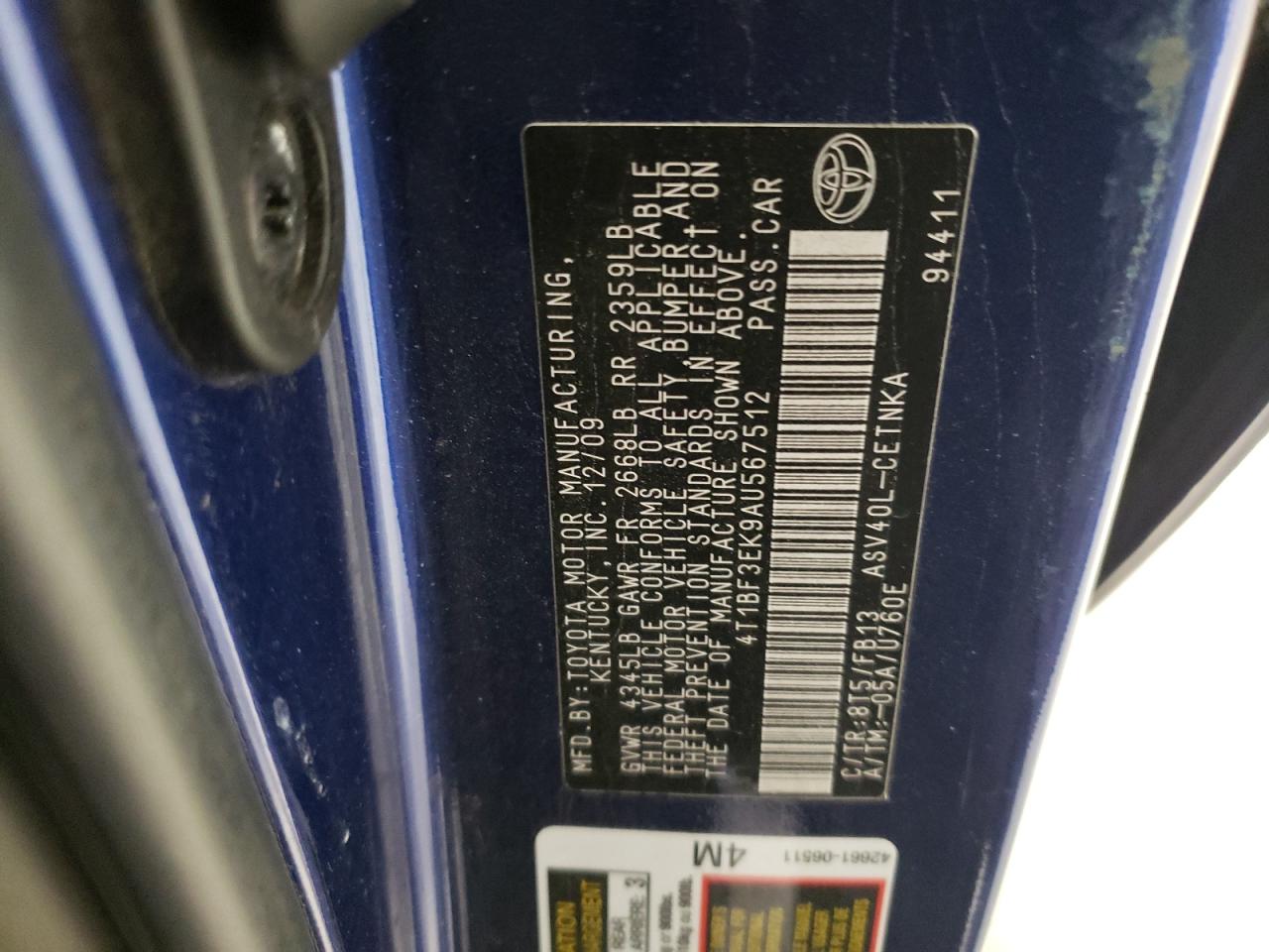 2010 Toyota Camry VIN 4T1BF3EK9AU567512 Copart auction photo, side damage thumbnail 12