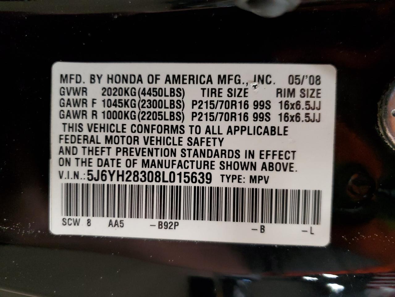 2008 Honda Element VIN 5J6YH28308L015639 Copart auction photo, front end damage thumbnail 13