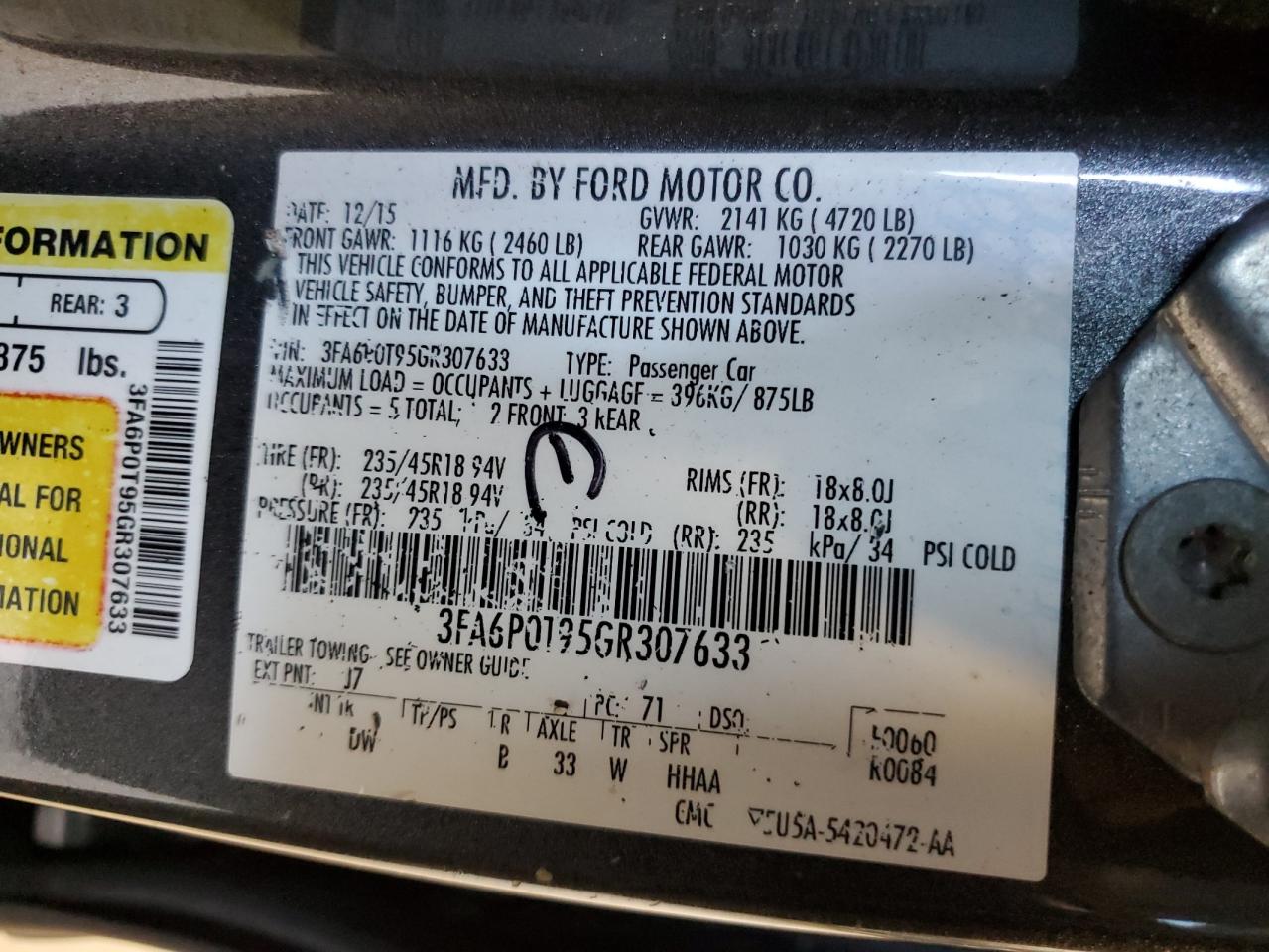 2016 Ford Fusion VIN 3FA6P0T95GR307633 Copart auction photo, front end damage thumbnail 12
