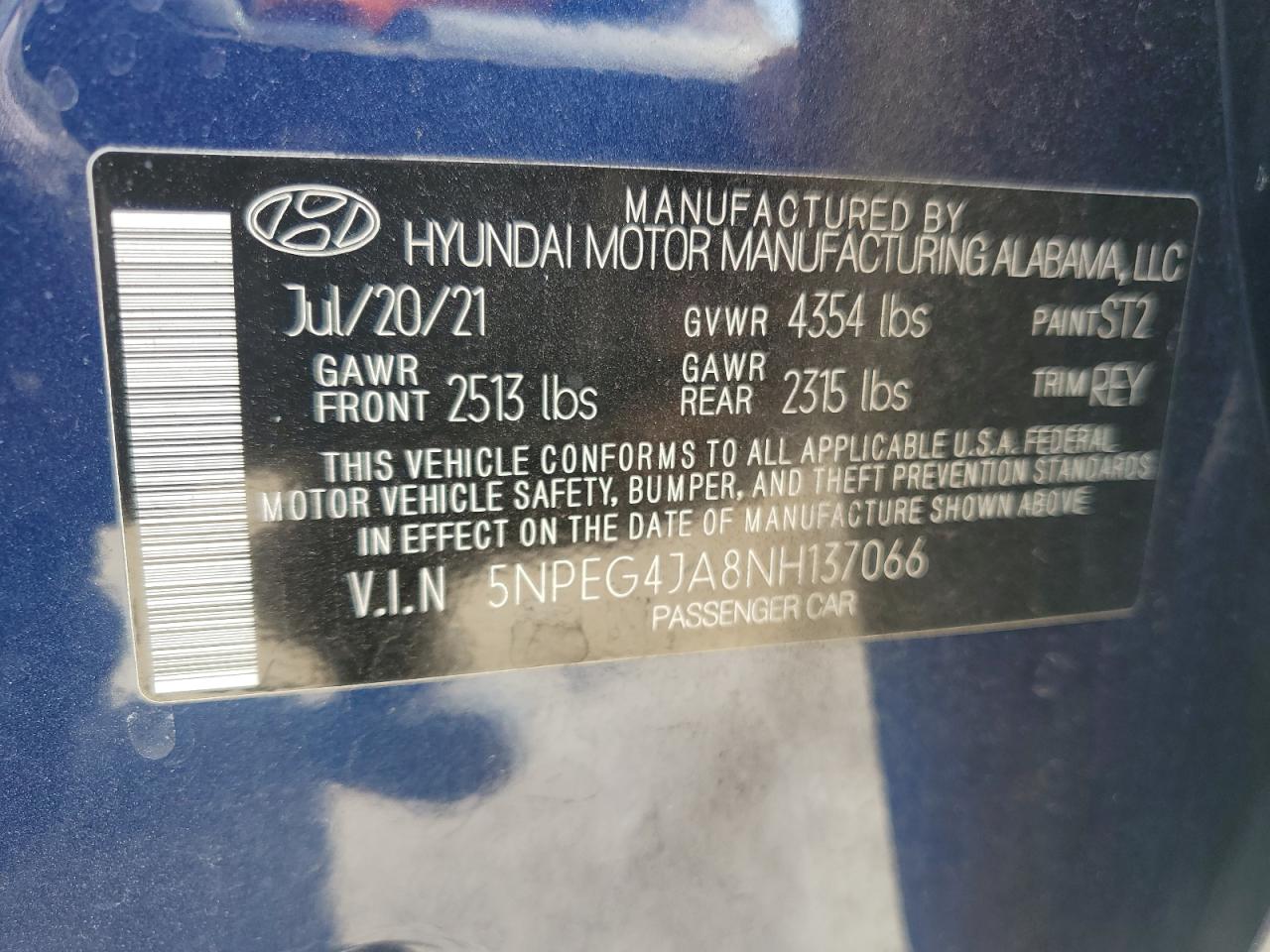 2022 Hyundai Sonata VIN 5NPEG4JA8NH137066 Copart auction photo, rear end damage thumbnail 14