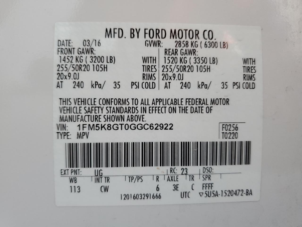 2016 Ford Explorer VIN 1FM5K8GT0GGC62922 Copart auction photo, side / front end damage thumbnail 15
