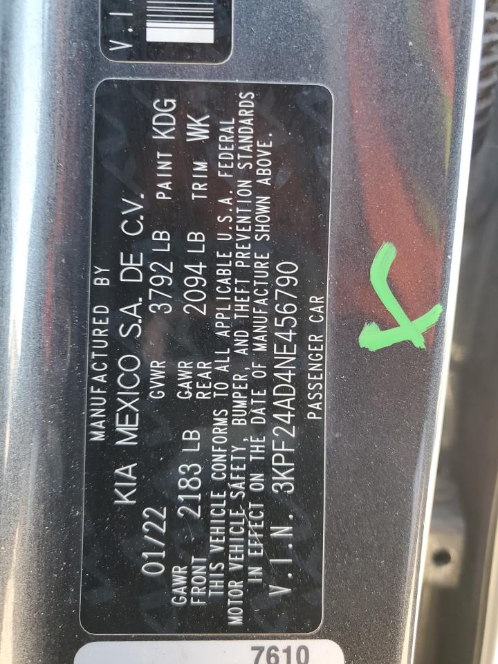 2022 KIA Forte VIN 3KPF24AD4NE456790 Copart auction photo, front end / side damage thumbnail 12