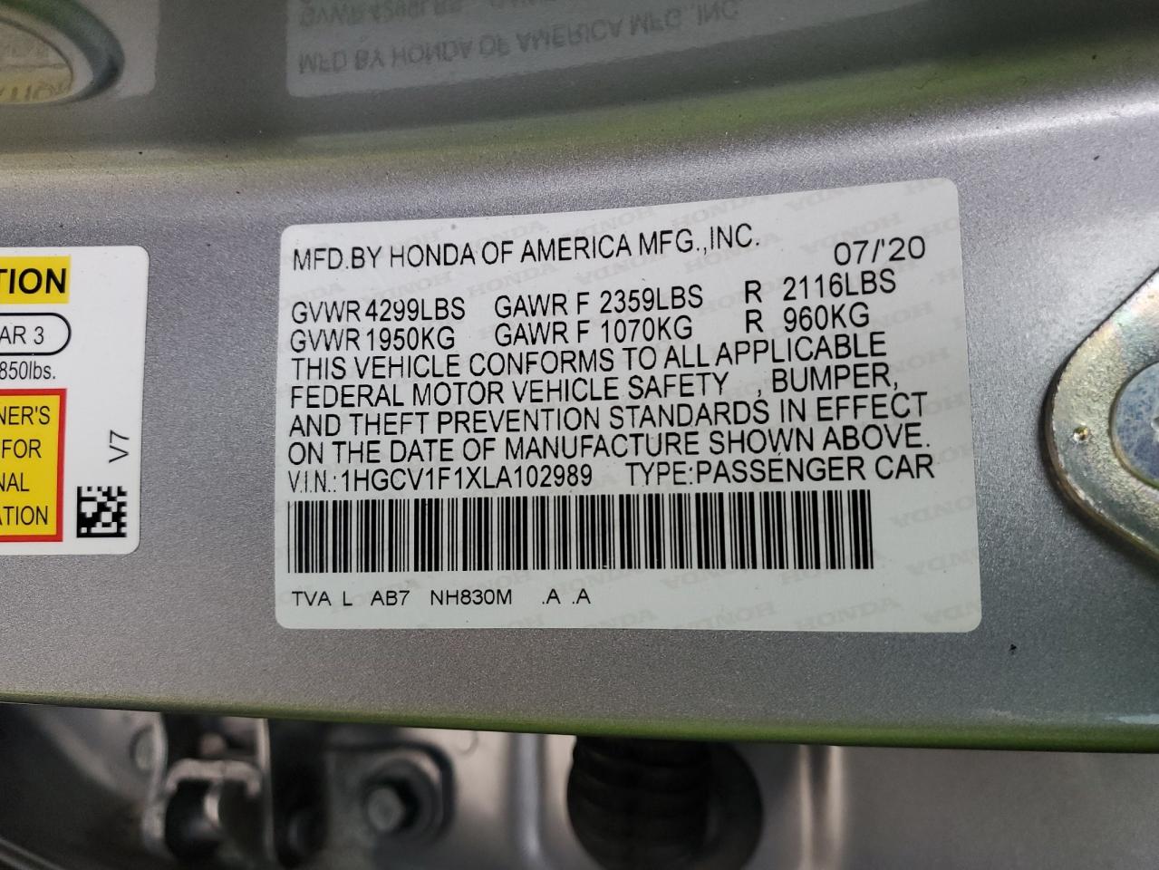 2020 Honda Accord VIN 1HGCV1F1XLA102989 Copart auction photo, front end damage thumbnail 12
