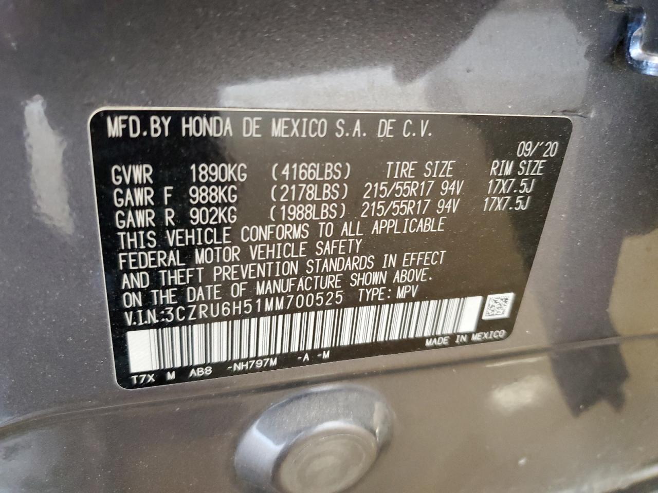 2021 Honda HR-V VIN 3CZRU6H51MM700525 Copart auction photo, front end / side damage thumbnail 14
