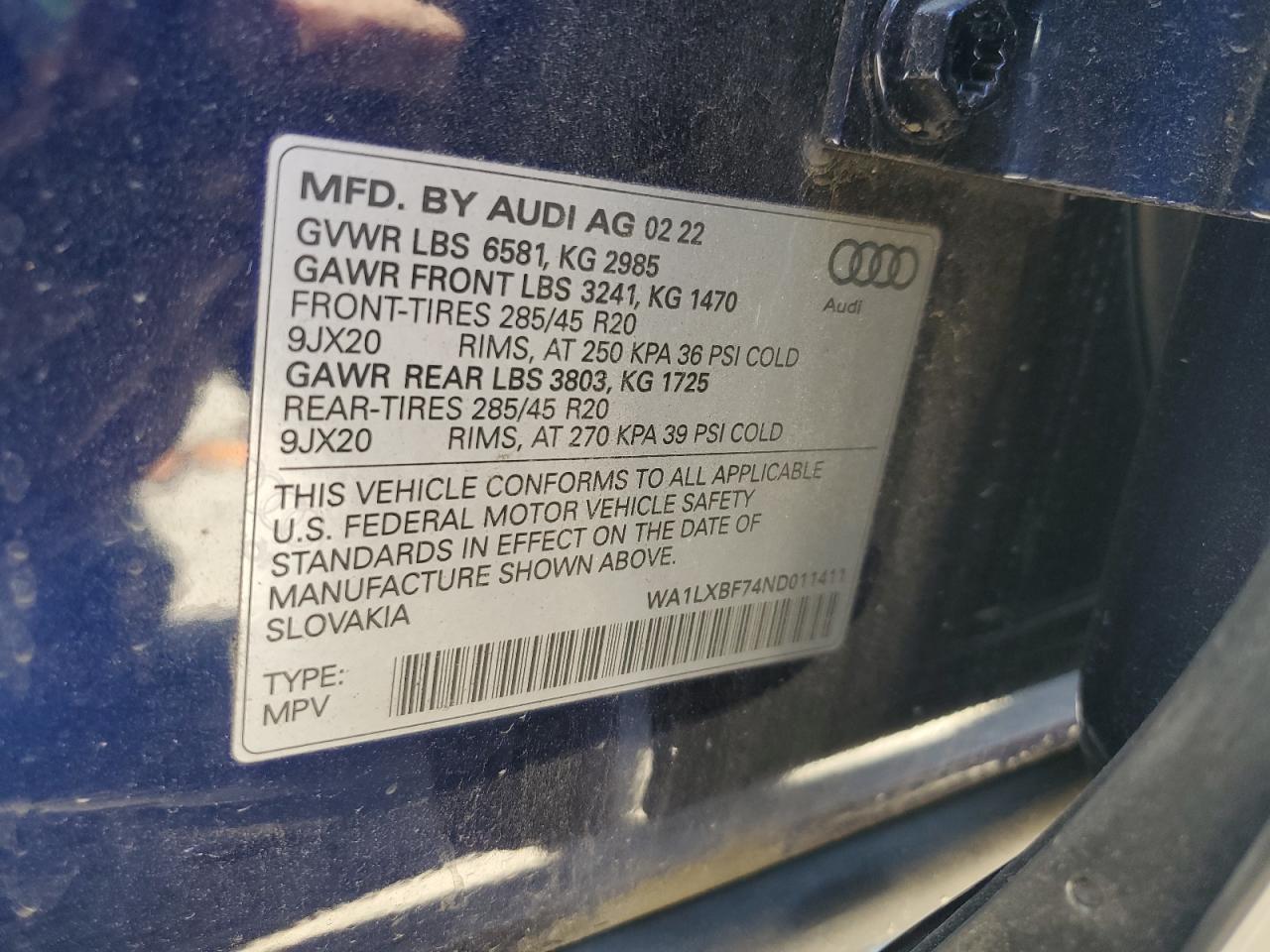 2022 Audi Q7 VIN WA1LXBF74ND011411 Copart auction photo, all over damage thumbnail 14