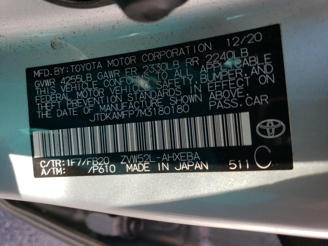 2021 Toyota Prius VIN JTDKAMFP7M3180180 Copart auction photo, front end / minor dent/scratches damage thumbnail 12