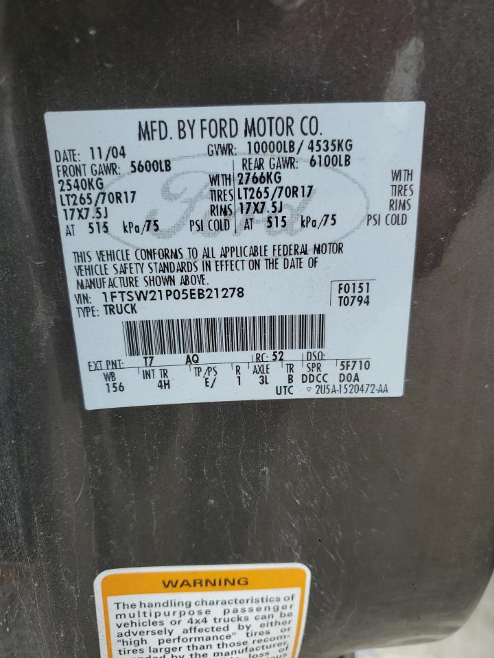2005 Ford F250 VIN 1FTSW21P05EB21278 Copart auction photo, burn - interior / front end damage thumbnail 12