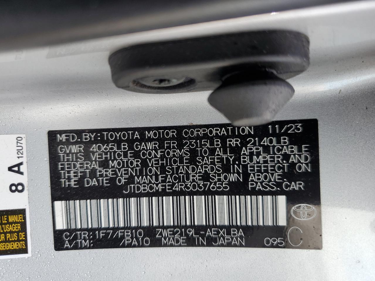 2024 Toyota Corolla VIN JTDBCMFE4R3037655 Copart auction photo, side damage thumbnail 12