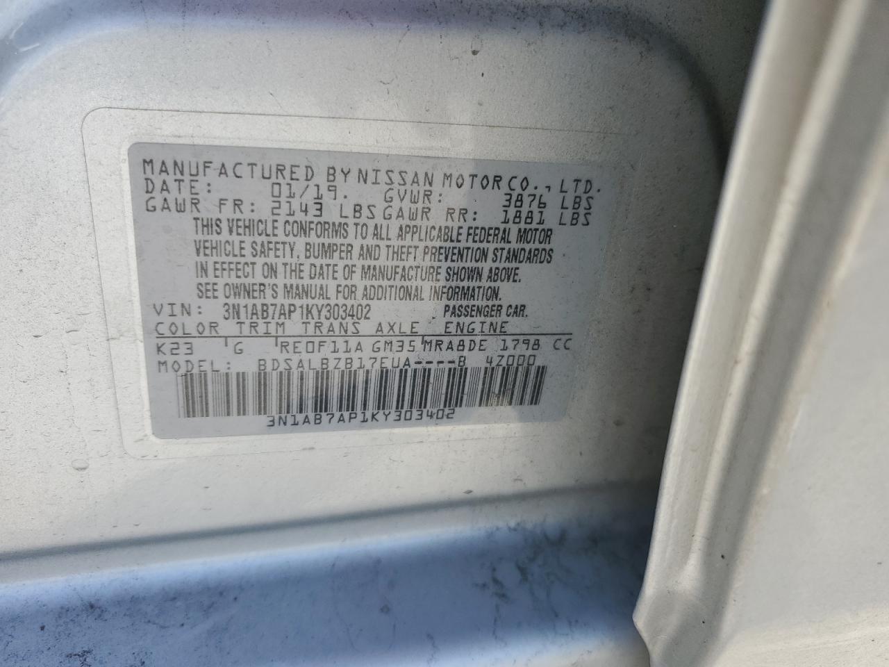 2019 Nissan Sentra VIN 3N1AB7AP1KY303402 Copart auction photo, front end damage thumbnail 12